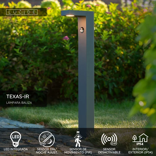 Lucide TEXAS-IR - Lámpara baliza - LED - 1x7W 3000K - IP54 - Sensor movimiento & día/noche (desactivable) - Antracita - USP